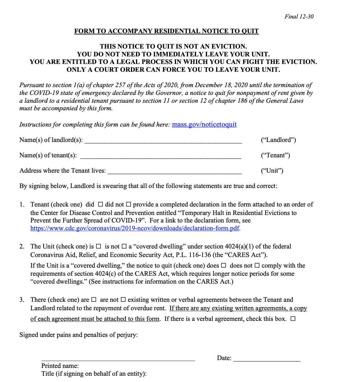 Covid19 Emergency Legislation New Requirements for Notice to Quit for